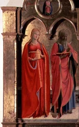Virgin and Child Enthroned with Four Angels, detail of St. John the Evangelist and Mary Magdalen, from the Polittico di San Domenico