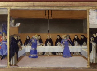 The meal of the monks served by the Angels - the lower part (the predella) of the "Coronation of the Virgin", depicting Christ at the tomb and six episodes from the life of Saint Dominic, founder of the order to which Angelico belonged, by Guido di Pietro