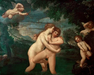 Salmacis in the bath, repelled by Hermaphrodite. The nymph Salmacis, in love with the son of Hermes and Aphrodite, sees her advances repelled - Painting by Francesco Albani, called l