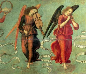 Angels playing the fiddle and pipe, c.1475-97, detail of 64871