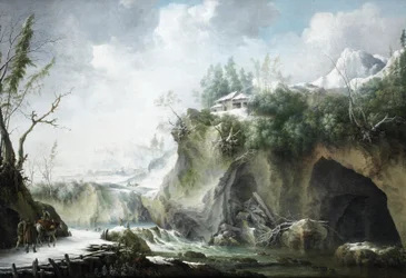 A River Landscape in Winter, with Travellers on a Snowy Path