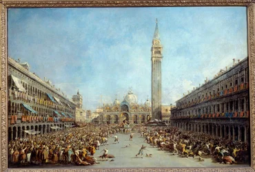 The doge of Venice Alvise IV carried by the gondoliers after his election, Square Saint Mark in 1763