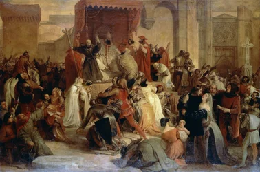 Pope Urban II preaching First Crusade in square in Clermont