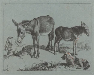 Donkey with her Foal, a Dog, and a Peasant Man