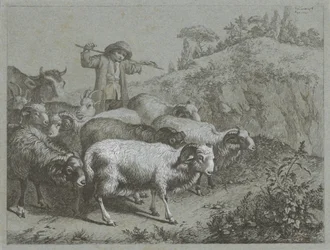 Shepherd with Rams, Goats, and Cow
