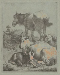 Horse, Ram, Goat with Kid; In the Distance a Shepherd with Flock
