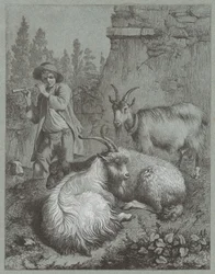 Shepherd Playing a Flute with Goats