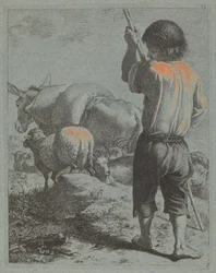Shepherd with Donkey, Sheep and Goat