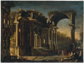 Capriccio with Roman Ruins and Christ with the Woman Taken in Adultery