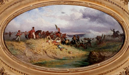 Risorgimento: "The Italian patriot Giuseppe Garibaldi crosses the Volturno River". Scene of the Battle of the Volturno during the Expedition of the Thousand (or Red Shirts) in October 1860. (1830-1905). Naples, Museo Nazionale