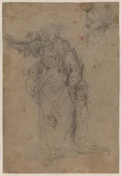 Heavily Draped, Standing Woman Turned to the Right and Looking Down with Her Right Arm Stretched Out, and a Sketch for a Head