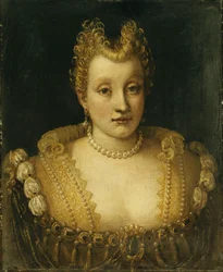 Portrait of a Lady Said to be of the Contarini Family, Bust Length, Wearing an Elaborate Dress with Jewels and a Pearl Necklace and Earrings