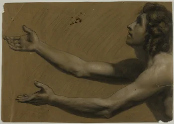 Young Man Looking Upwards with Outstretched Arms; Woman Holding Mirror