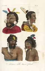 Portraits of Maori Warriors, New Zealand Men and boys with facial tattoos and feathers in their hair. Handcoloured copperplate engraved by Francesco Rosaspina after William Hodges and Piron from Giulio Ferrario