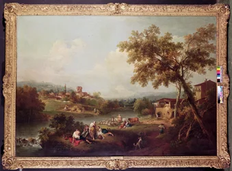 An Extensive River Landscape with a Village