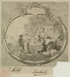 Farm scene, with children singing and playing musical instruments