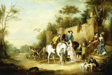 A Hawking Party Setting Out from the Steps of a Country House