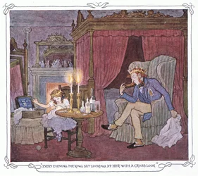 Every evening the king sat looking at her with a cross look, from The Magic Fishbone published by Warne & Co, circa 1940
