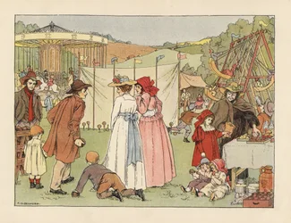 Victorian youths at a coconut shy, children on swings and carousel at a village fair. Illustration by Francis Donkin Bedford from Edward Verrall Lucas