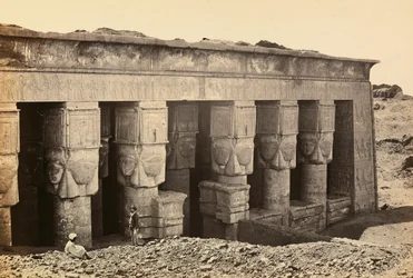 Facade of the pronaos of the Roman-era temple dedicated to the goddess Hathor at Dandara, Upper Egypt