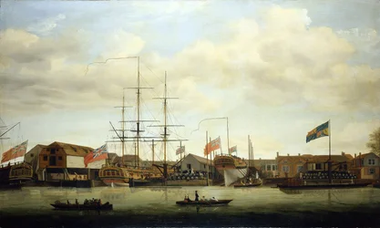 A small shipyard on the Thames (England), with two boats under construction