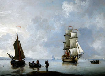 A British Man-of-War being towed to Anchor