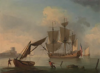 An English Sloop Becalmed near the Shore