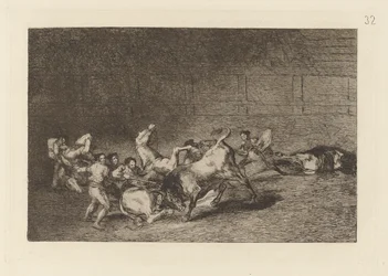Two Teams of Picadors Thrown One After the Other by a Single Bull, Plate 32 from La tauromaquia