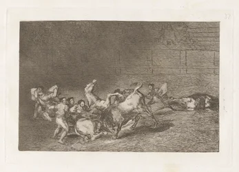 Two Teams of Picadors Thrown One After the Other by a Single Bull, Plate 32 from La tauromaquia