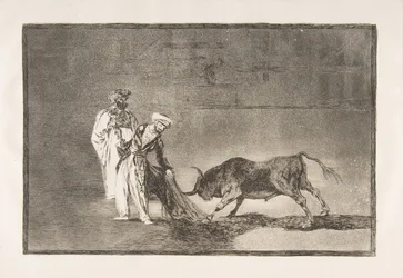 Plate 6 from The Tauromaquia: The Moors make a different play in the ring, calling the bull with their burnous, 1816.