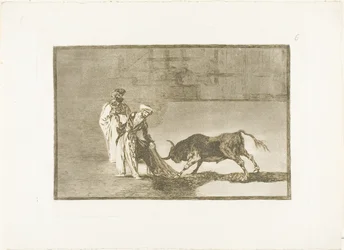 The Moors make a different play in the ring calling the bull with their burnous, plate six from The Art of Bullfighting