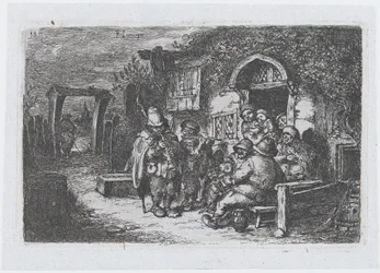 Plate 18: street musicians and other figures outside a tavern, from the series of customs