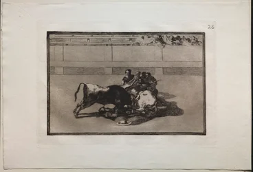 Bullfights: A Picador is Unhorsed and Falls Under the Bull