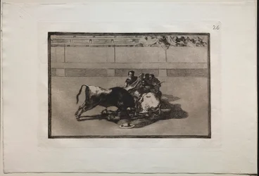 Bullfights: A Picador is Unhorsed and Falls Under the Bull