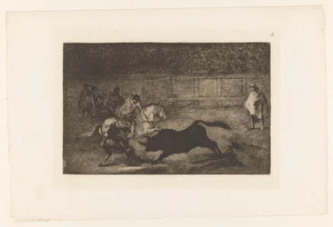 Man on Horseback Stabs a Bull with a Lance