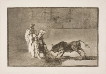 The Moors in the ring strive to attract the bull with the aid of their burnous