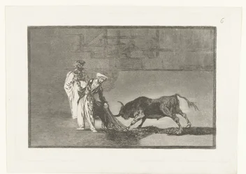 Bullfighters in an arena - Los Moros perform another capeo in the ring with their albornoz - Bullfighting (series title) - La Tauromaquia (series title)