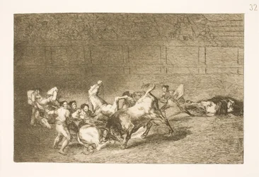 Two Picadors Being Overturned One by One by a Single Bull