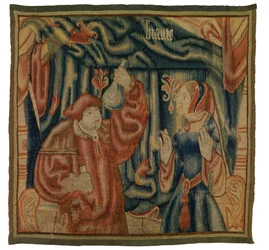 Tapestry fragment depicting an interior with physician and woman