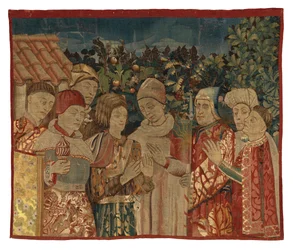 Unidentified Tapestry Fragment with Eight Figures, A Disputation Possibly, 2nd Half of 15th Century