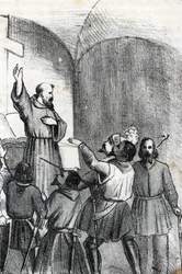 Fourth Venice-Ottoman War: the Church calling to beat Muslims on the eve of the Battle of Lepanto naval battle which arose on 7 October 1571 in the Gulf of Patras, Greece
