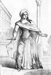 Portrait of the young Roman Beatrice Cenci (1577-1599), accused of the murder of her father Francesco Cenci in 1598 (Portrait of young Roman noblewoman Beatrice Cenci who murdered her father, Count Francesco Cenci, in 1598). Engraving from “I misteri del