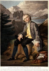 Jean Jacques Rousseau in Switzerland, Persecuted and Without Asylum. Aquatint by Charon after Boucher. 19th Century. Paris, Musee Carnavalet.