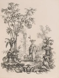 Young Chinese Woman Walking, Surrounded by Her Sheep, ca.1740-50