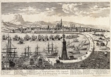 View of the city and the port of Barcelona in the 18th century. Engraving by Francois Antoine Aveline. Barcelona, Museu d