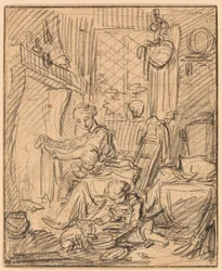 Domestic Scene: Mother with Two Small Children before a Mantelpiece