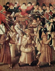 French Wars of Religion: armed procession of The Catholic League of France in the streets of Paris