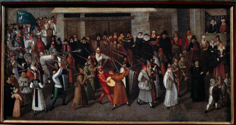 Religious wars between Catholics and Protestants: Procession of the League at the end of Notre Dame in 1593