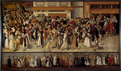 Religious wars between Catholics and Protestants: Procession of the League to leave Notre Dame on the island of La Cite in 1593