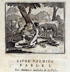 Animals sick of the Plague. Fables by Jean de La Fontaine (1621-95). Illustration by François Chauveau (1613-1676). Edition of 1728
